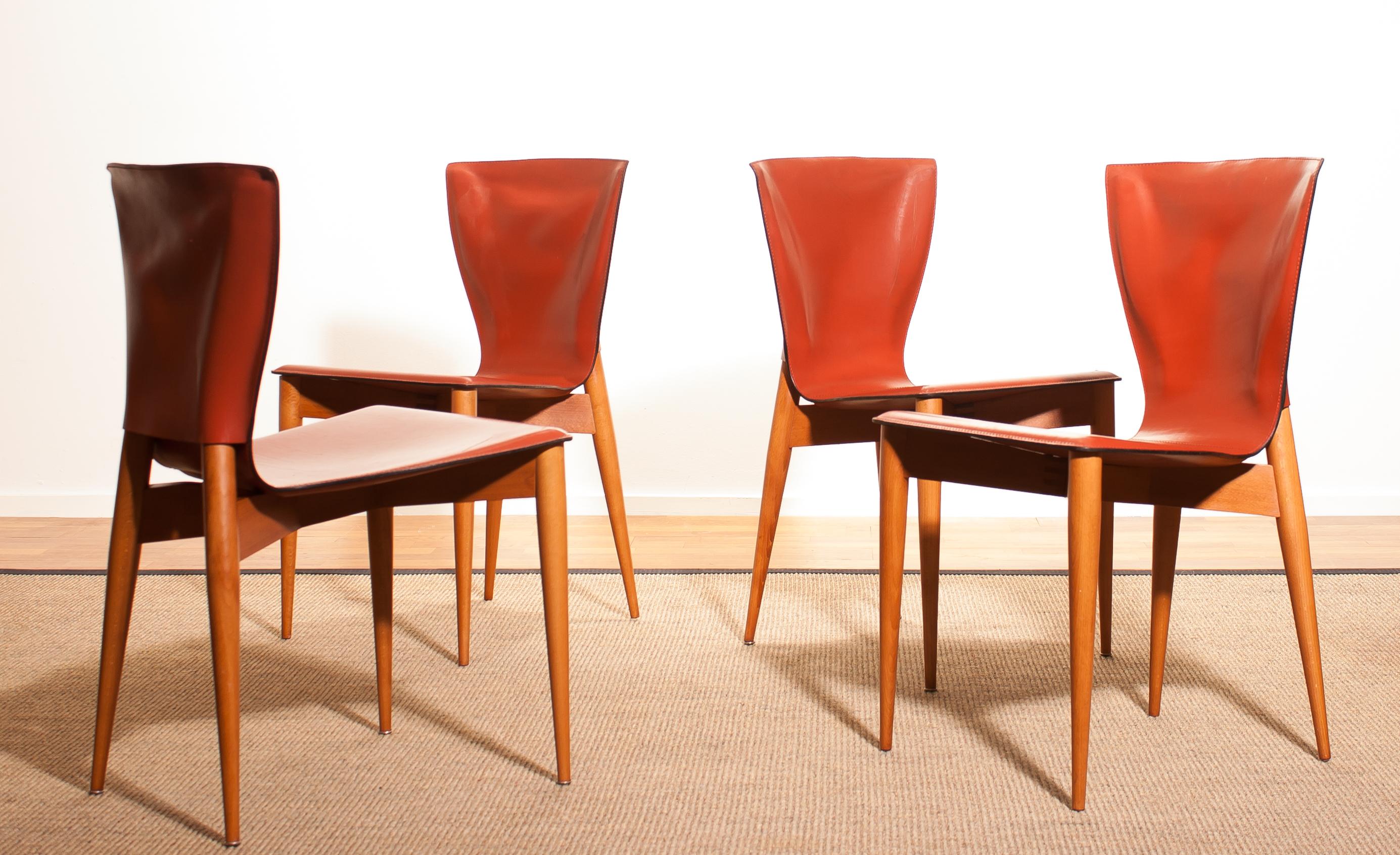 This set of four Mid-Century Modern chairs were designed by Carlo Bartoli and made by Matteo Grassi.
They are made of hardwood frames with cognac brown Italian leather seats and backs.
The set is in a wonderful condition.
Period