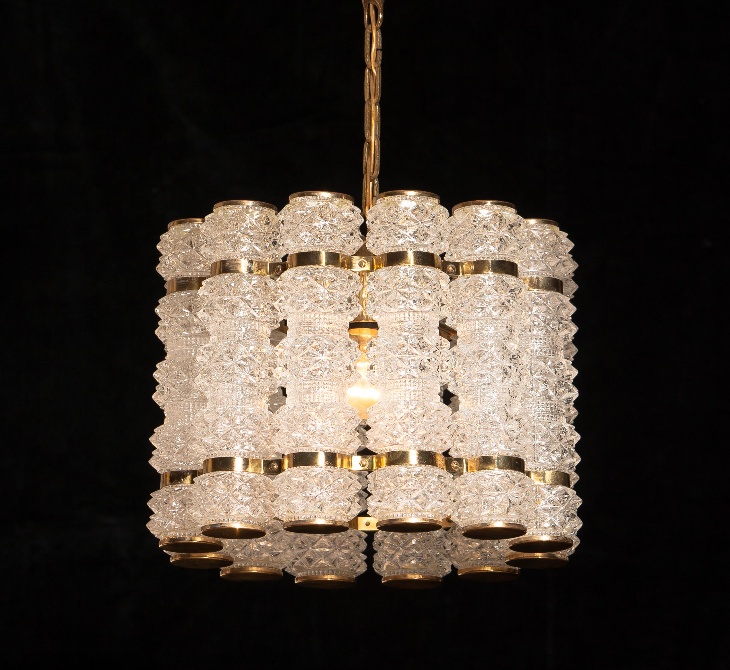Mid-20th Century 1960s, Brass and Crystal Cylinder Chandelier by Tyringe for Orrefors, Sweden
