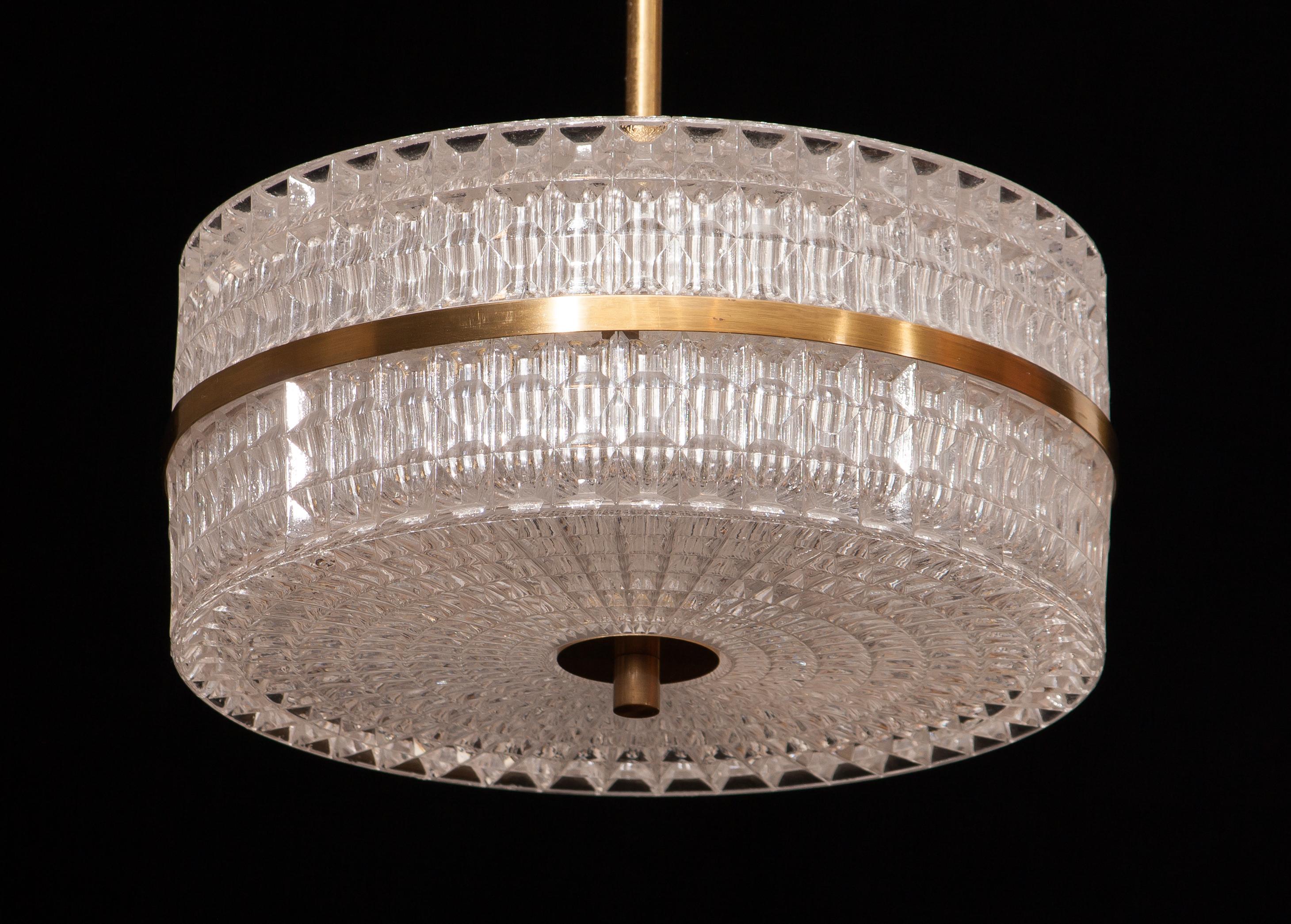 Swedish 1960s Crystal and Brass Pendant Light by Carl Fagerlund for Orrefors