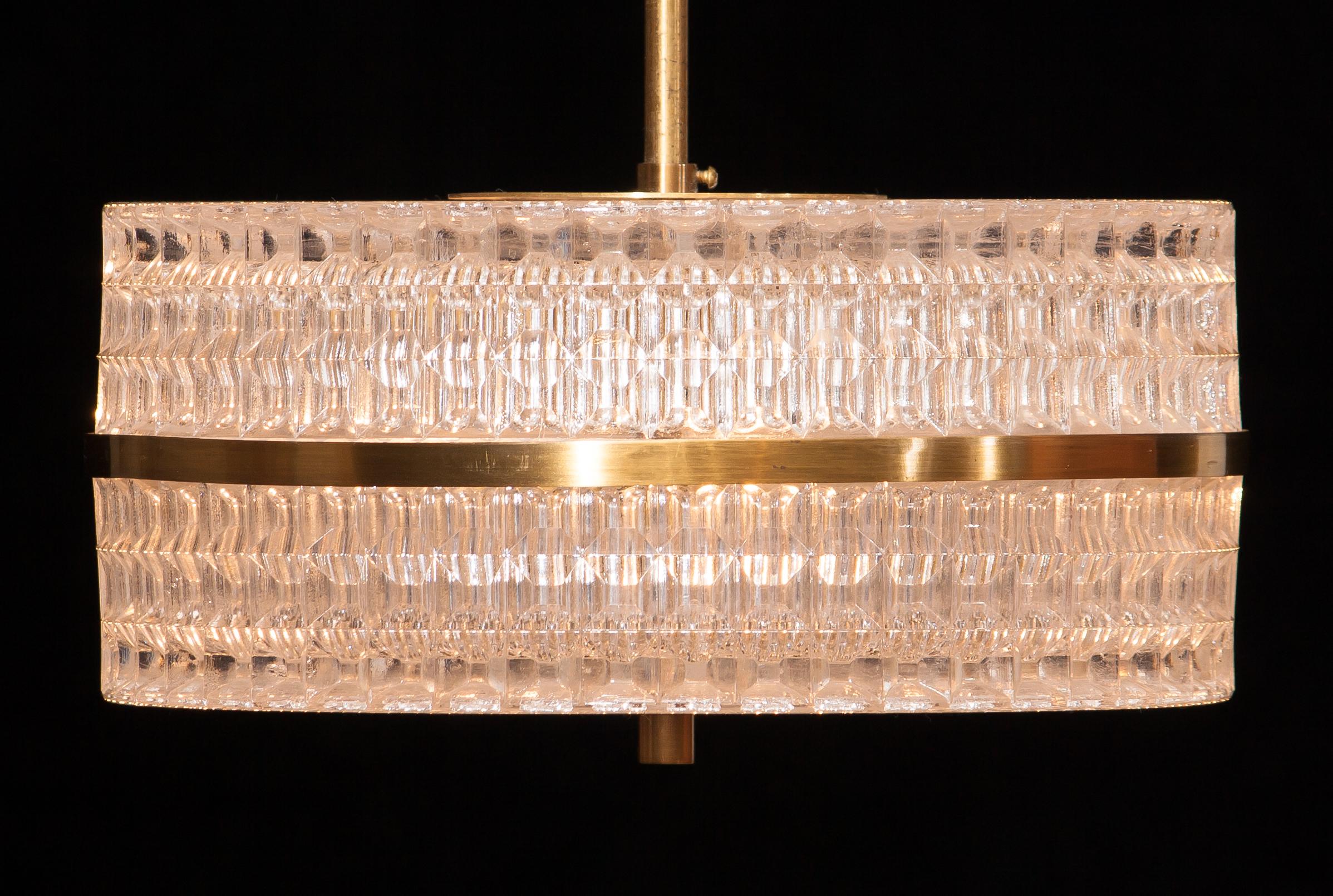 1960s Crystal and Brass Pendant Light by Carl Fagerlund for Orrefors In Excellent Condition In Silvolde, Gelderland