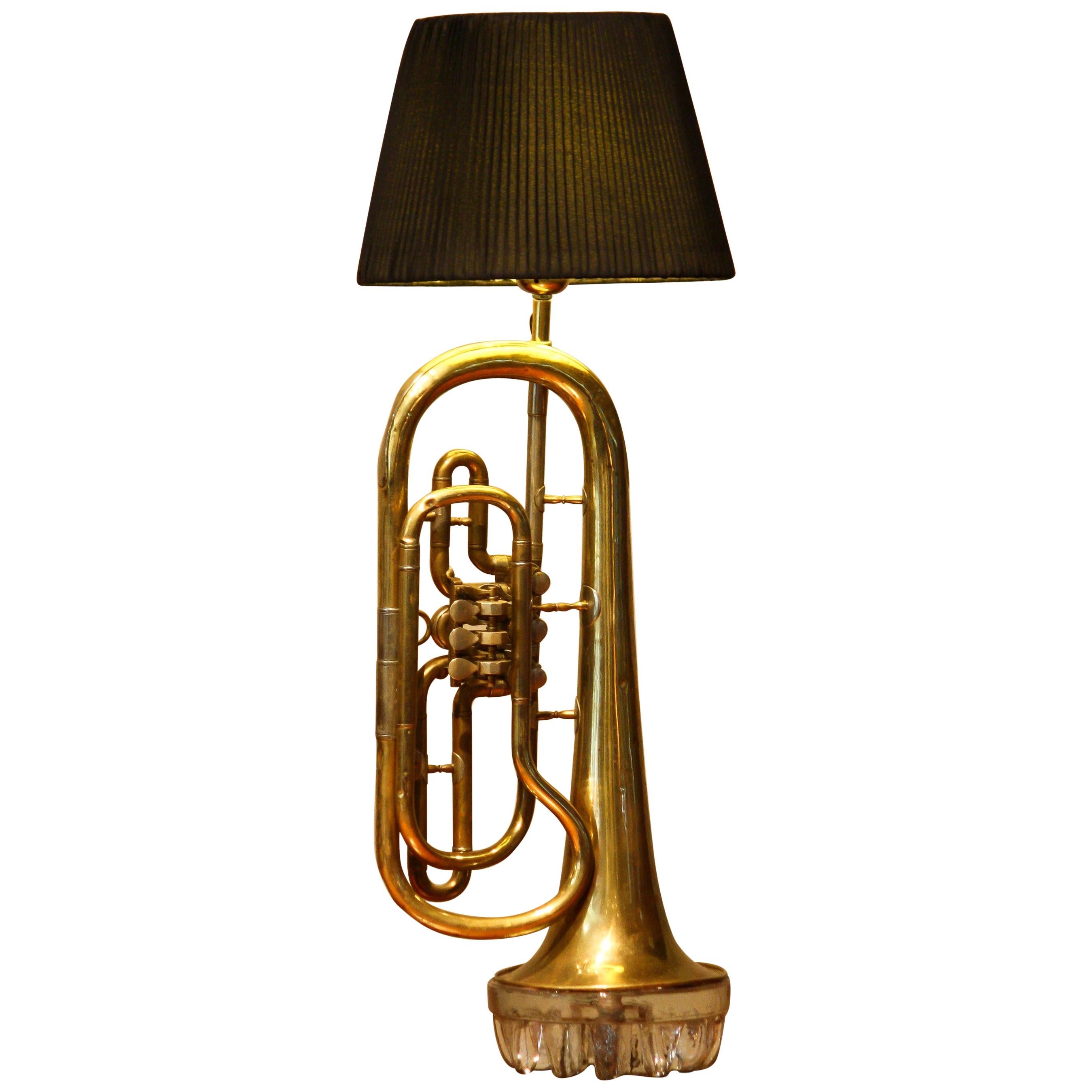Central American Table Lamp Made of an American Cornet Flaps Trumpet from 1920s in Art Deco Style
