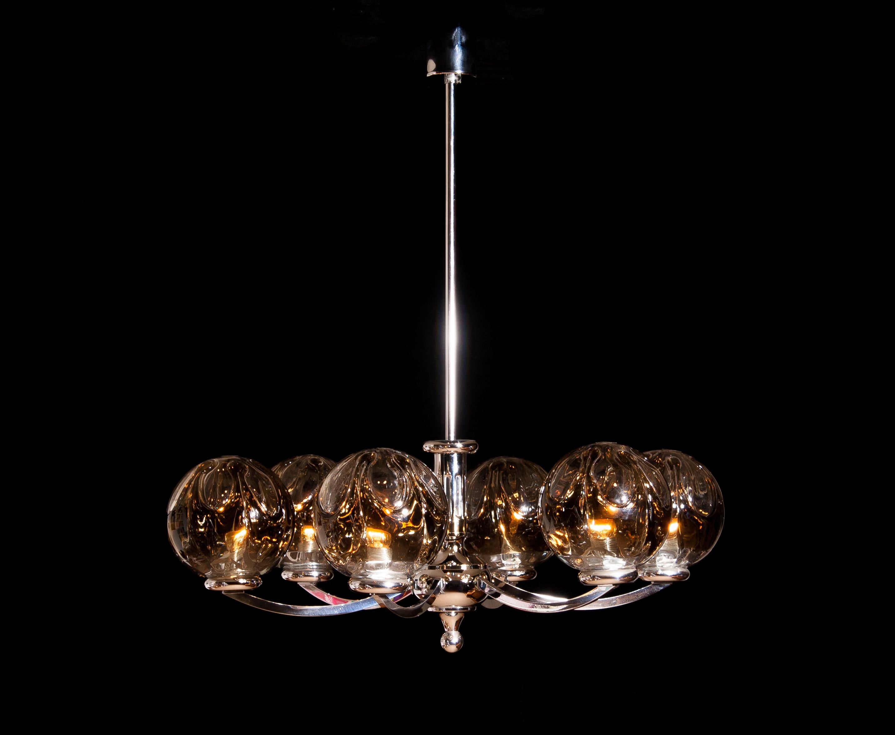 1960s, Chromed Chandelier with Six Crystal Mazzega Globes by Kaiser Leuchten In Excellent Condition In Silvolde, Gelderland