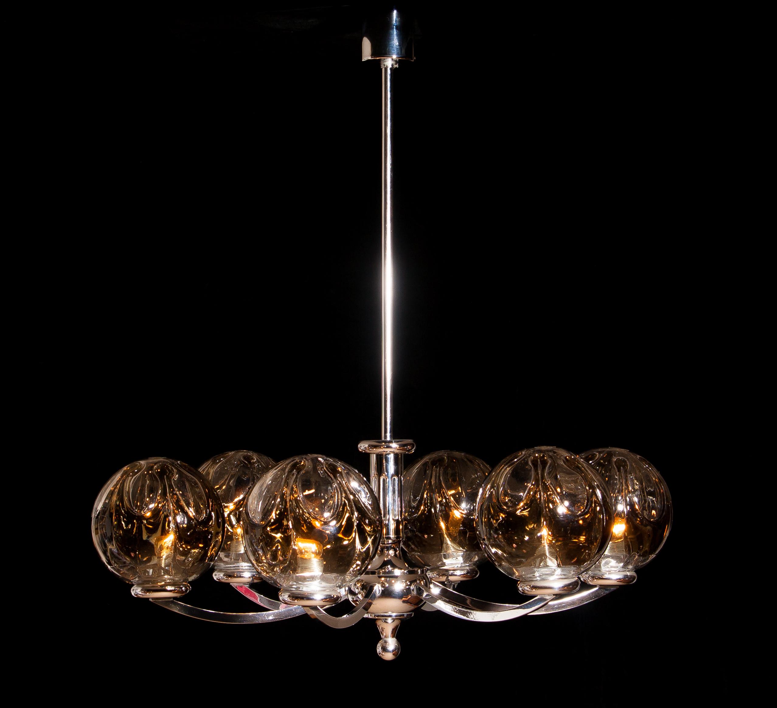 Mid-Century Modern 1960s, Chromed Chandelier with Six Crystal Mazzega Globes by Kaiser Leuchten