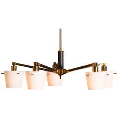 Brass 1950 Chandelier with Frosted with Glass Shades by Stilnovo, Italy