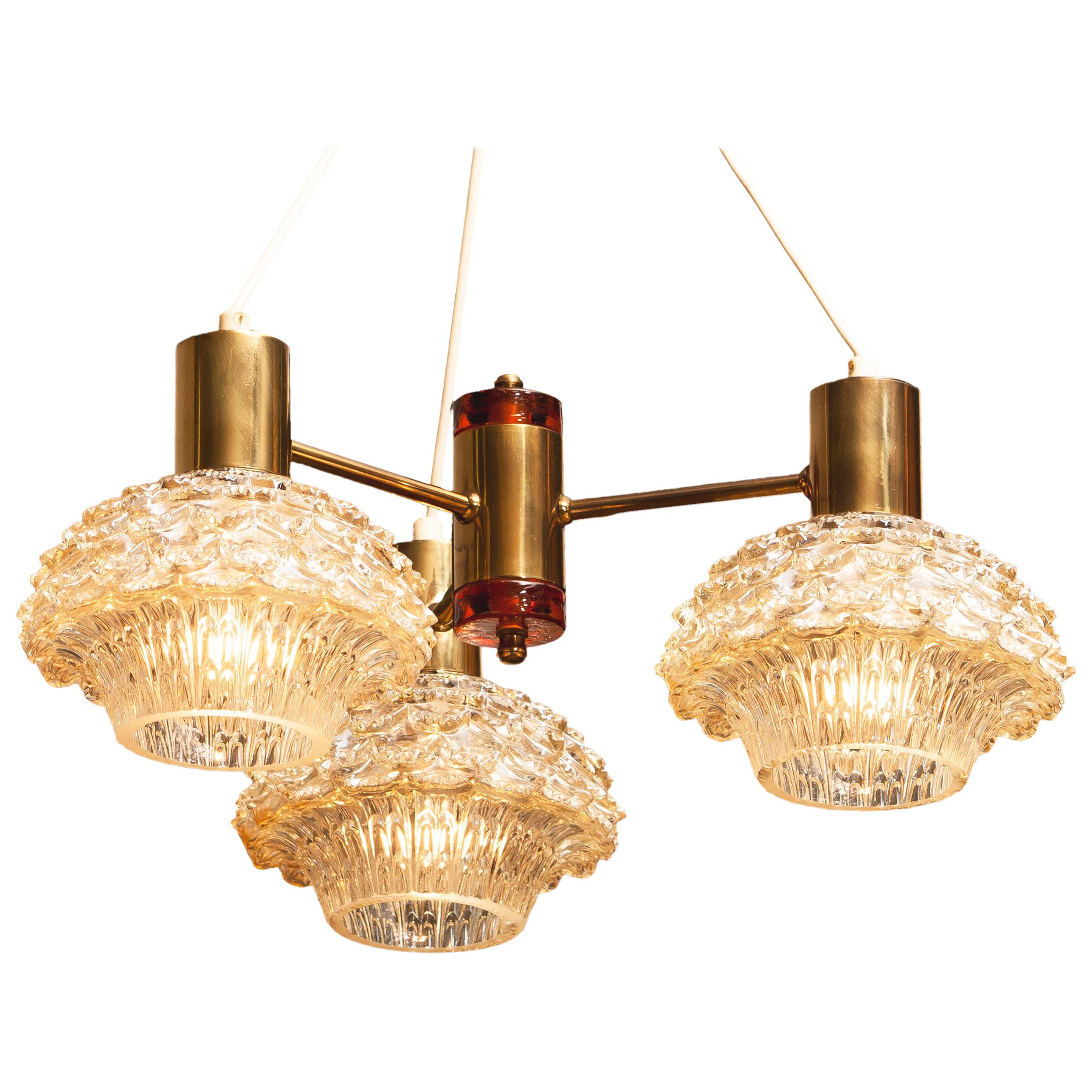 1950s, Brass and Glass Chandelier by Carl Fagerlund for Orrefors