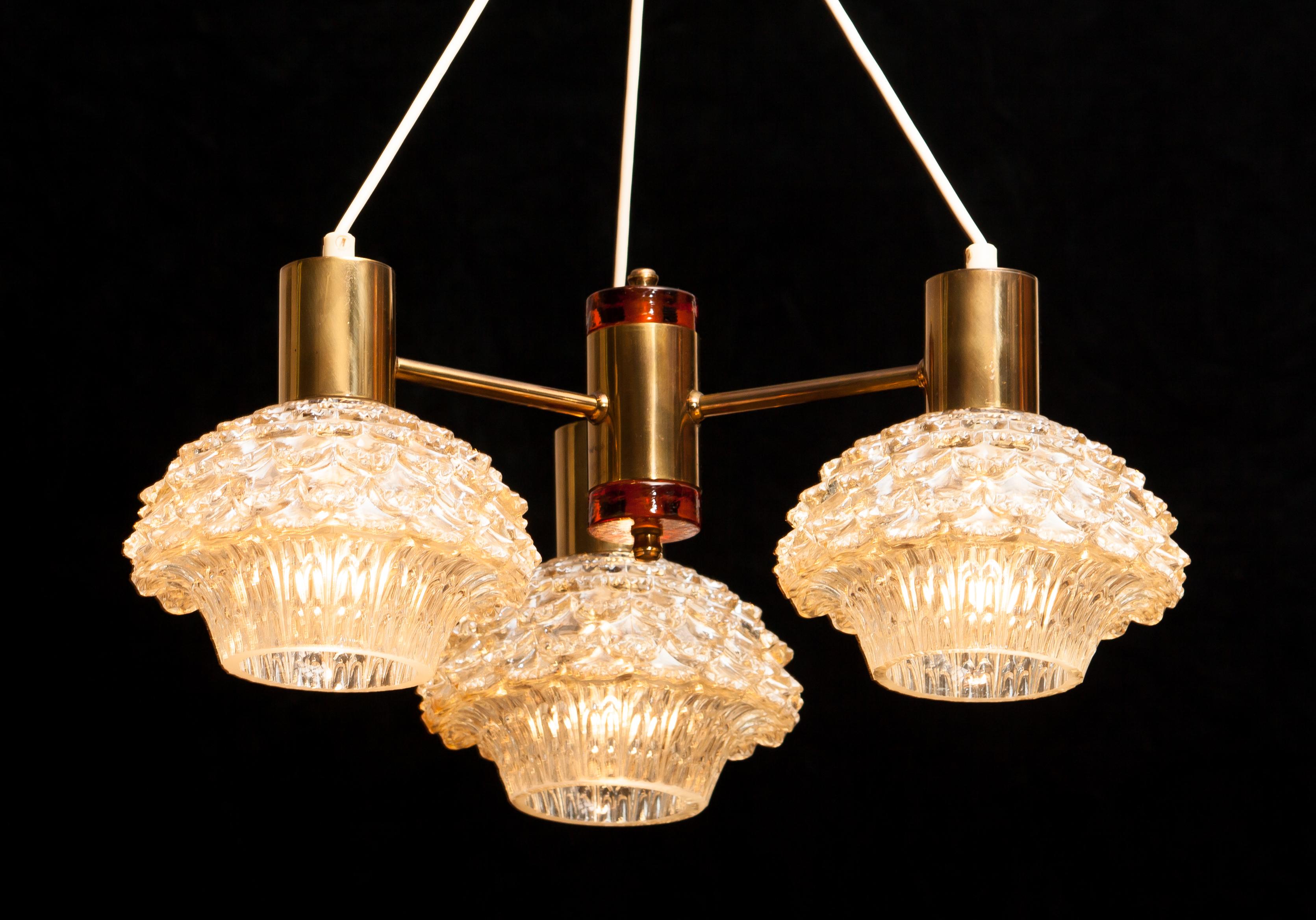 1950s, Brass and Glass Chandelier by Carl Fagerlund for Orrefors 2