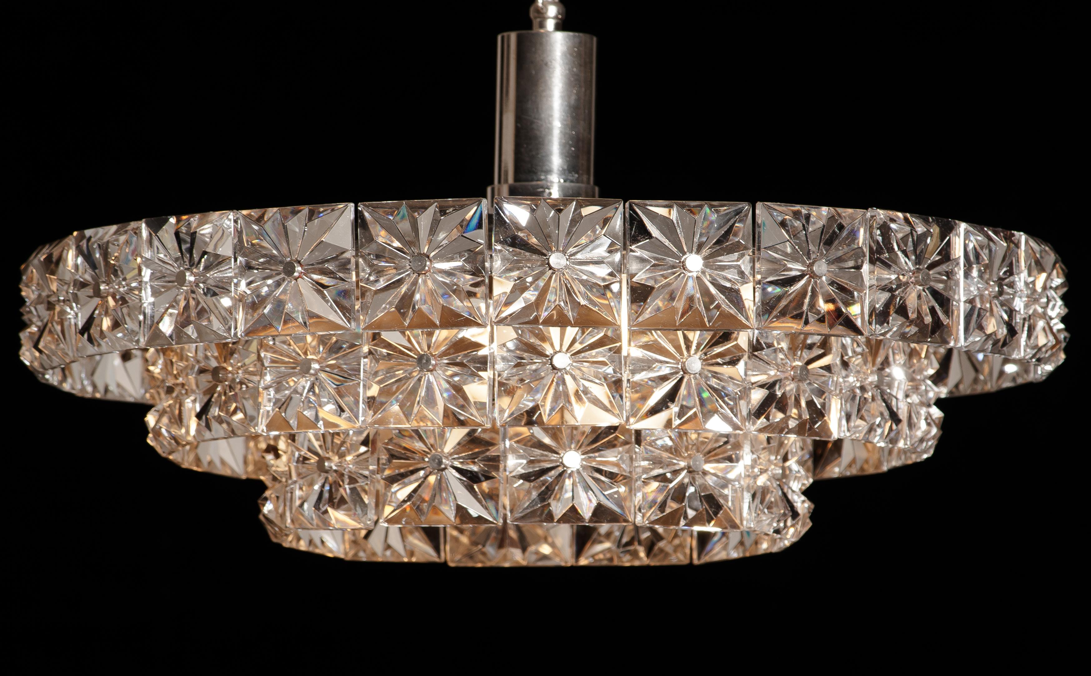 Mid-Century Modern Nickel and Chrome Three-Tier Clear Crystal Chandelier or Pendant by Kinkeldey