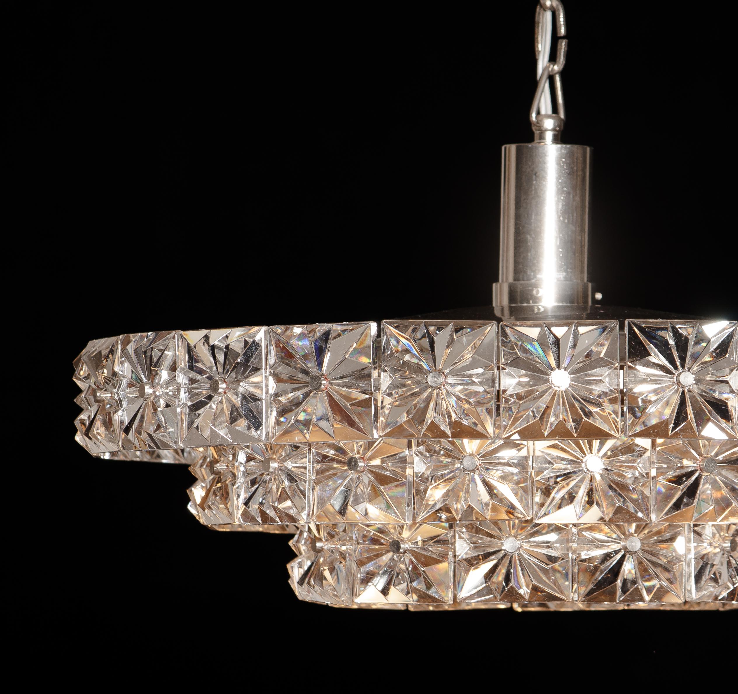 Nickel and Chrome Three-Tier Clear Crystal Chandelier or Pendant by Kinkeldey (Kristall)