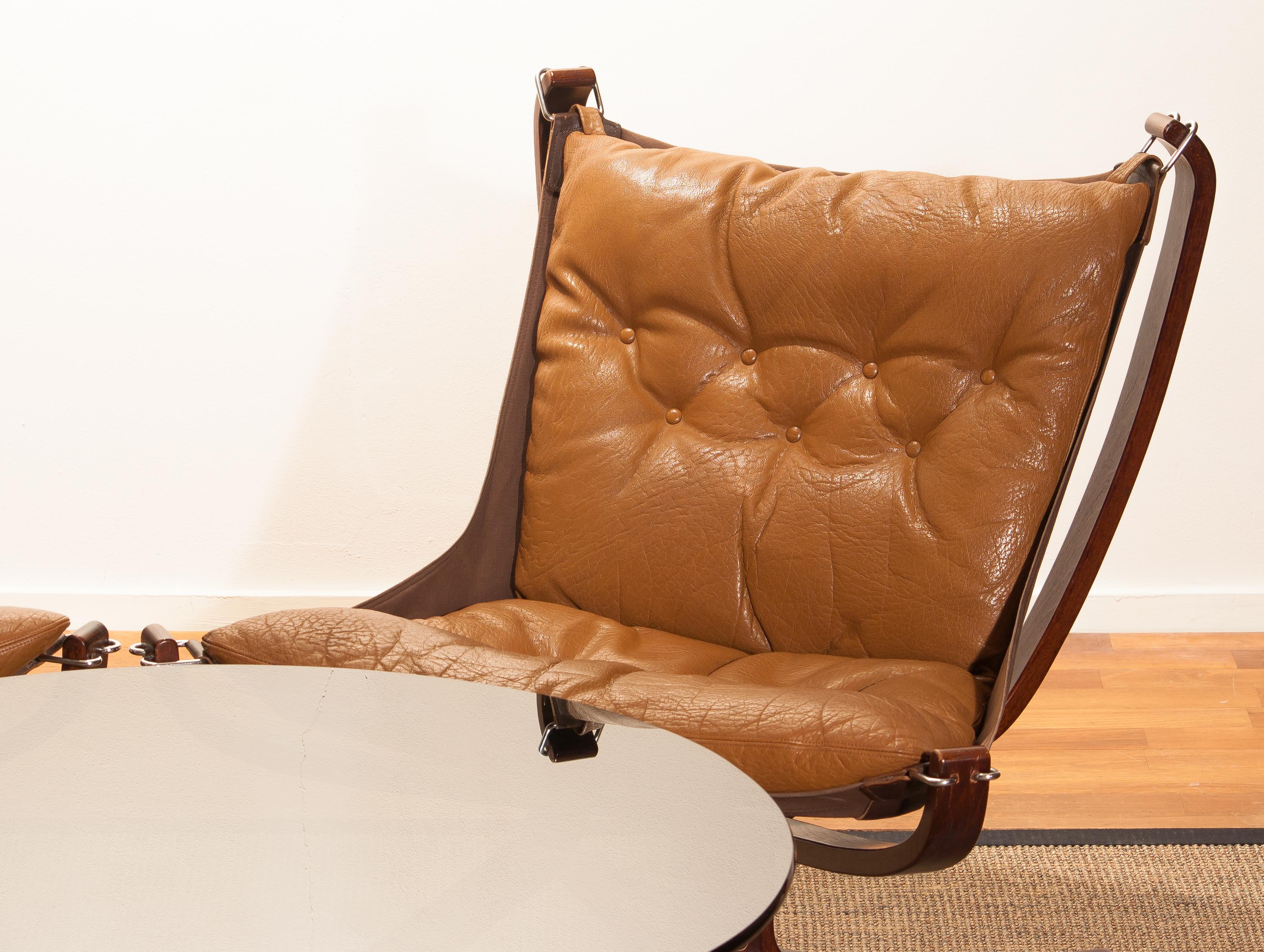 Mid-Century Modern Three Camel Leather 'Falcon' Lounge Chairs and Coffee Table by Sigurd Ressell