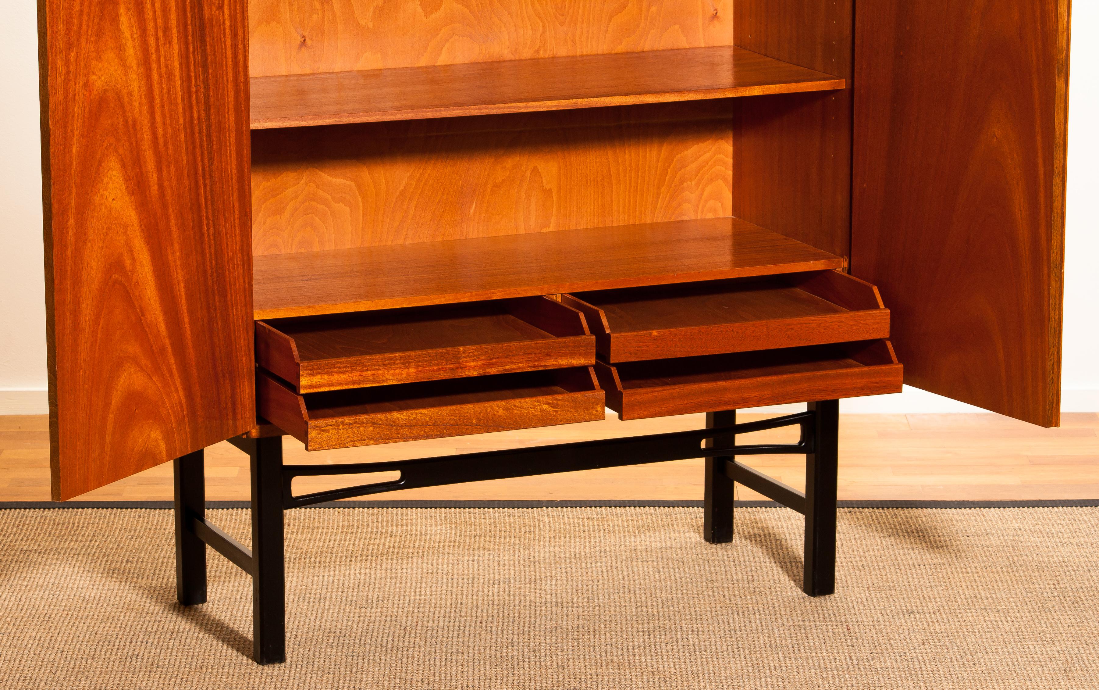 1950s, Teak High Board Buffet Cabinet on Black Stand, Sweden 1