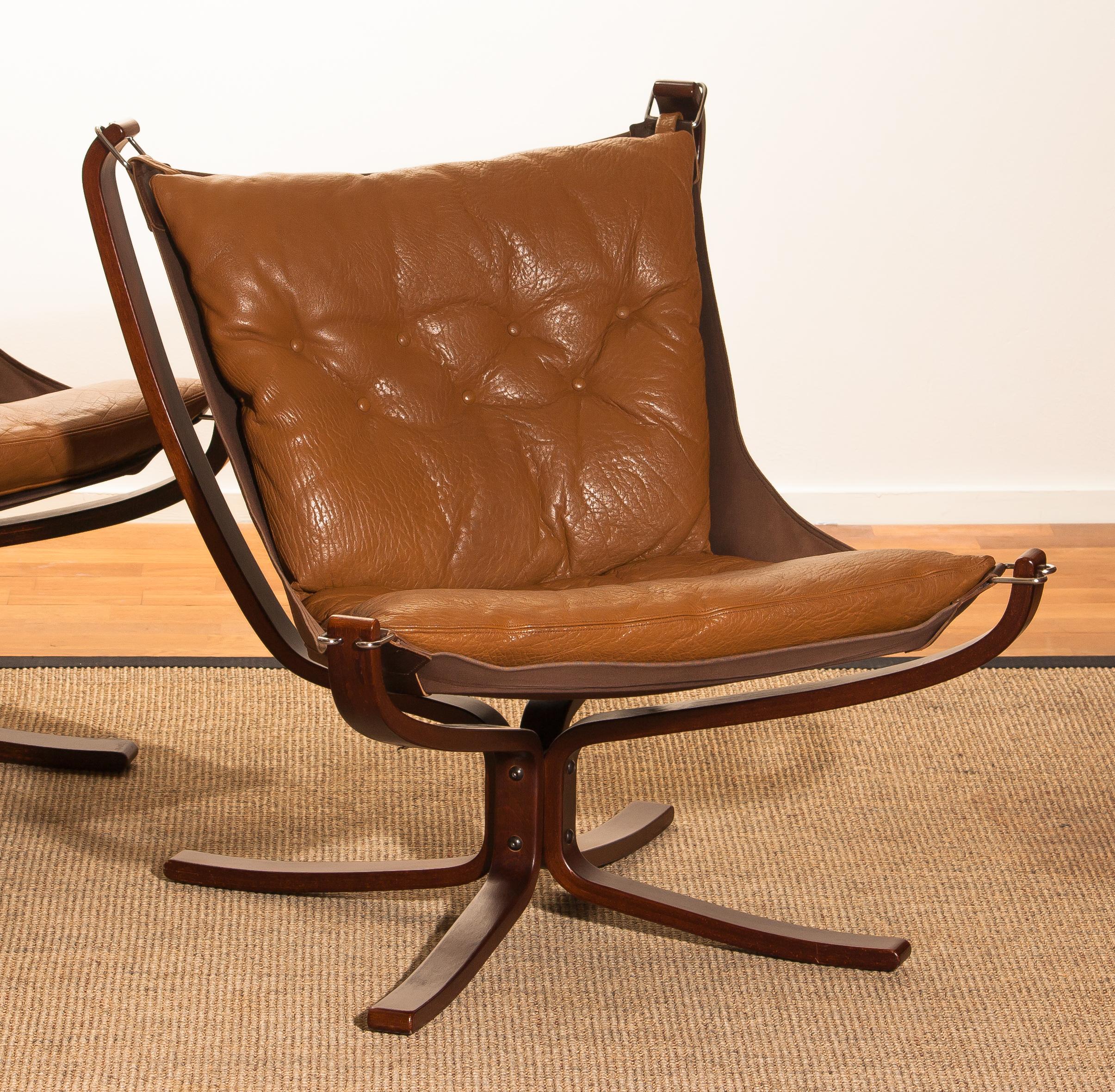 Mid-Century Modern 1970s, Set of Three Camel Leather 'Falcon' Lounge Chairs by Sigurd Ressell
