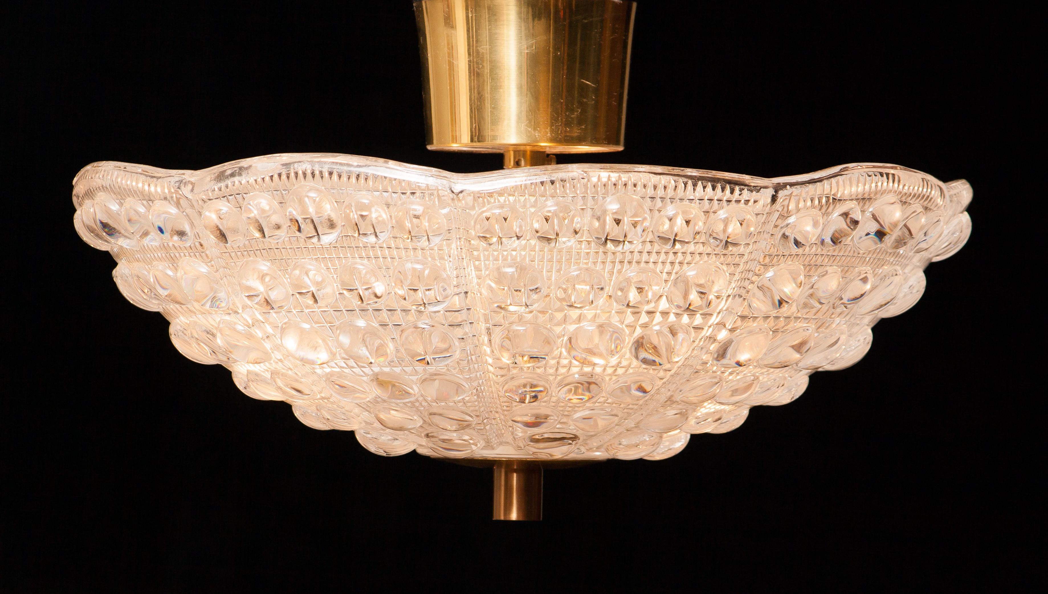 1960s, Crystal and Brass Ceiling Light by Carl Fagerlund for Orrefors In Excellent Condition In Silvolde, Gelderland
