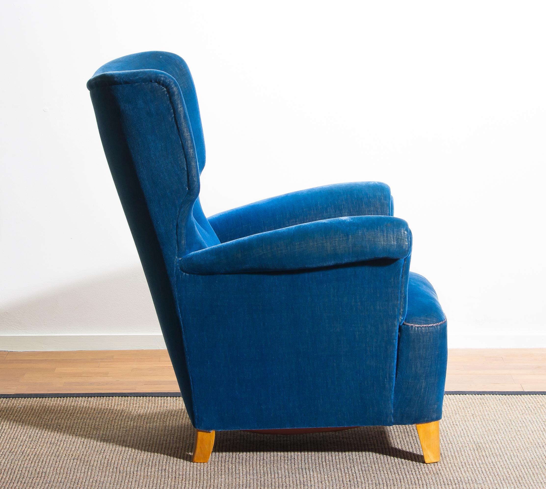 Scandinavian Royal Blue Velvet Wingback Chair, 1930-1940 1