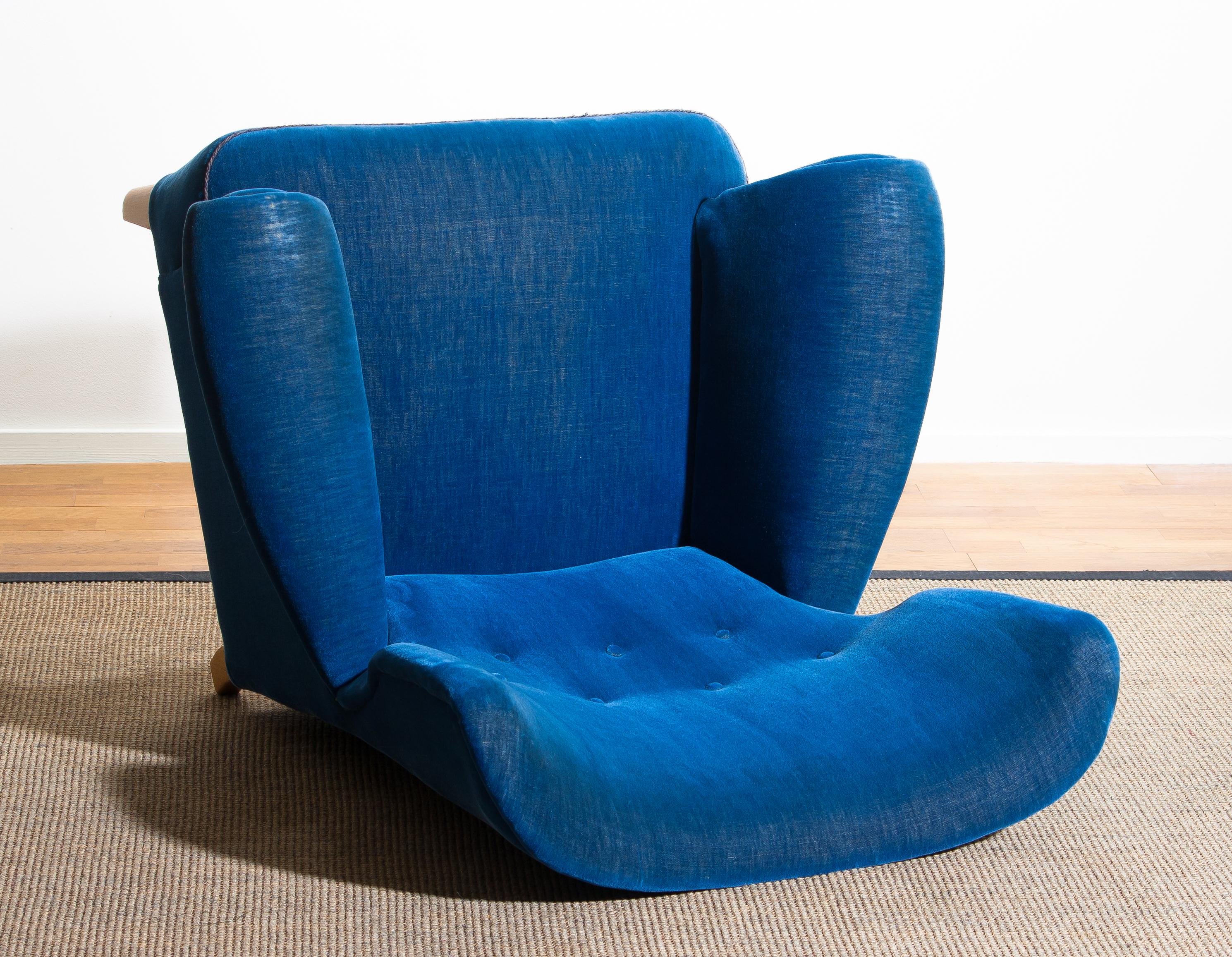 Scandinavian Royal Blue Velvet Wingback Chair, 1930-1940 7