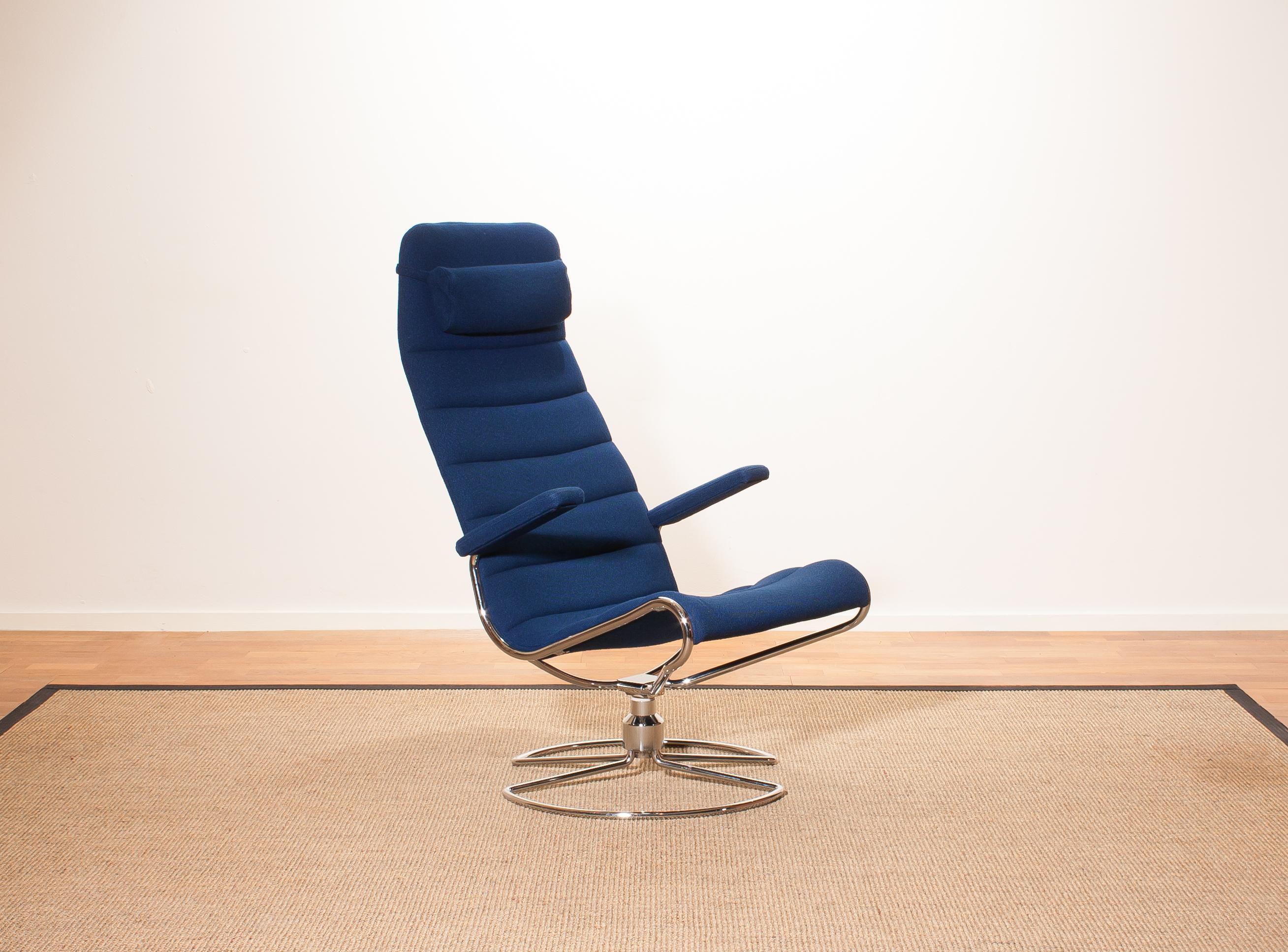 Late 20th Century 1980s, Chrome with Royal Blue Fabric 'Minister' Swivel Chair by Bruno Mathsson