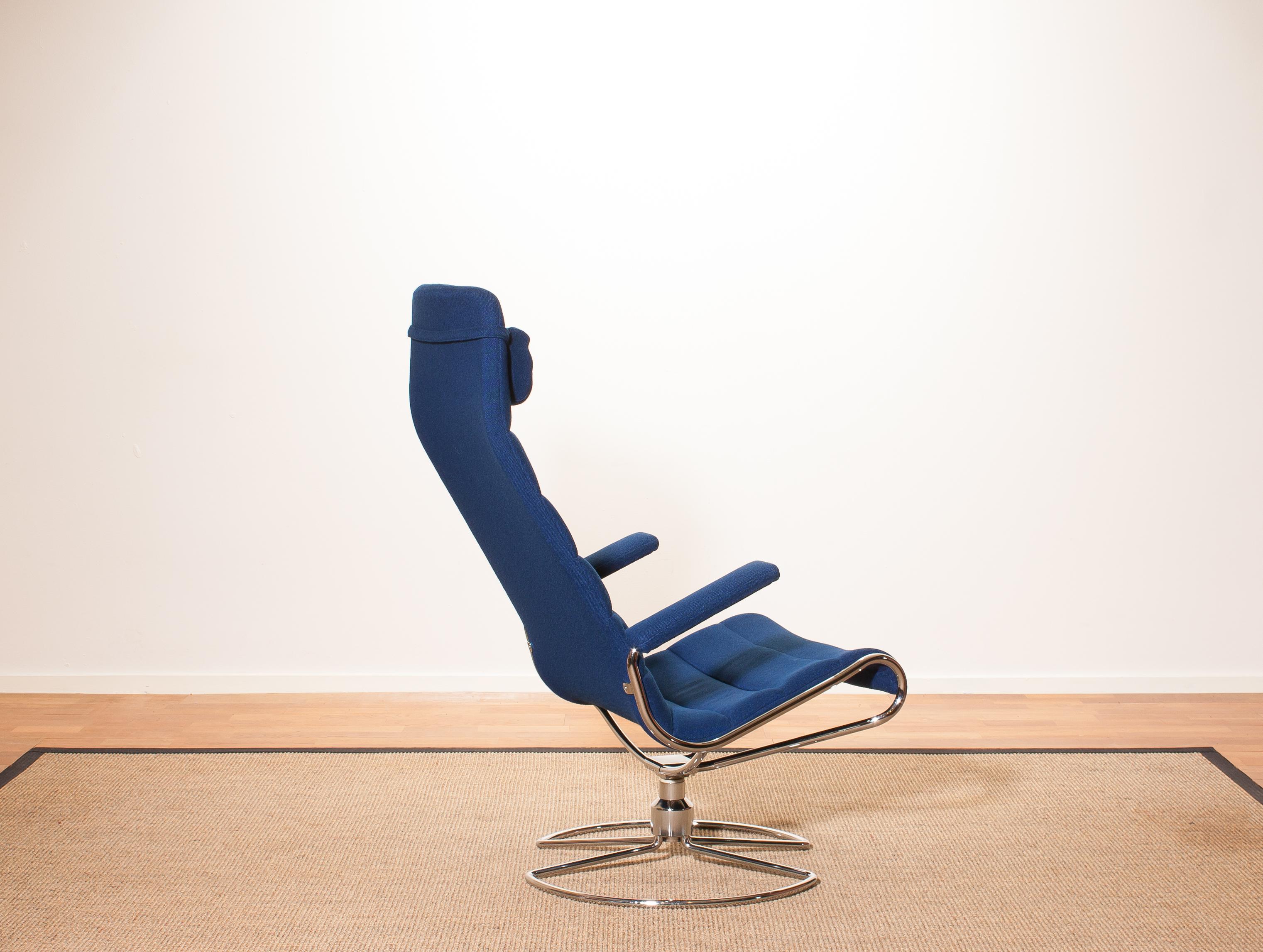 Late 20th Century 1980s, Chrome with Royal Blue Fabric 'Minister' Swivel Chair by Bruno Mathsson