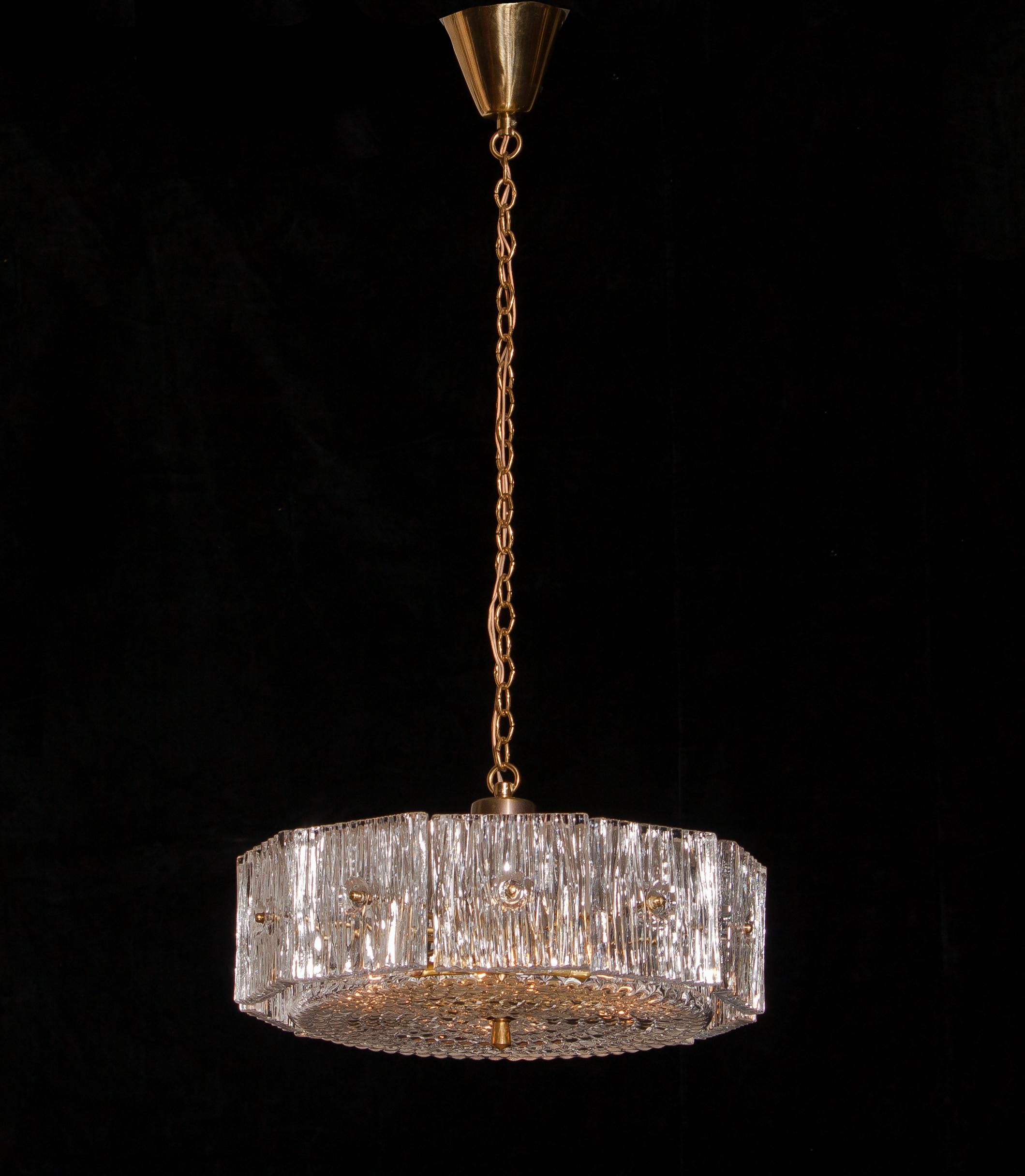 Mid-Century Modern 1960s, Brass and Clear Crystal Pendant by Carl Fagerlund for Orrefors