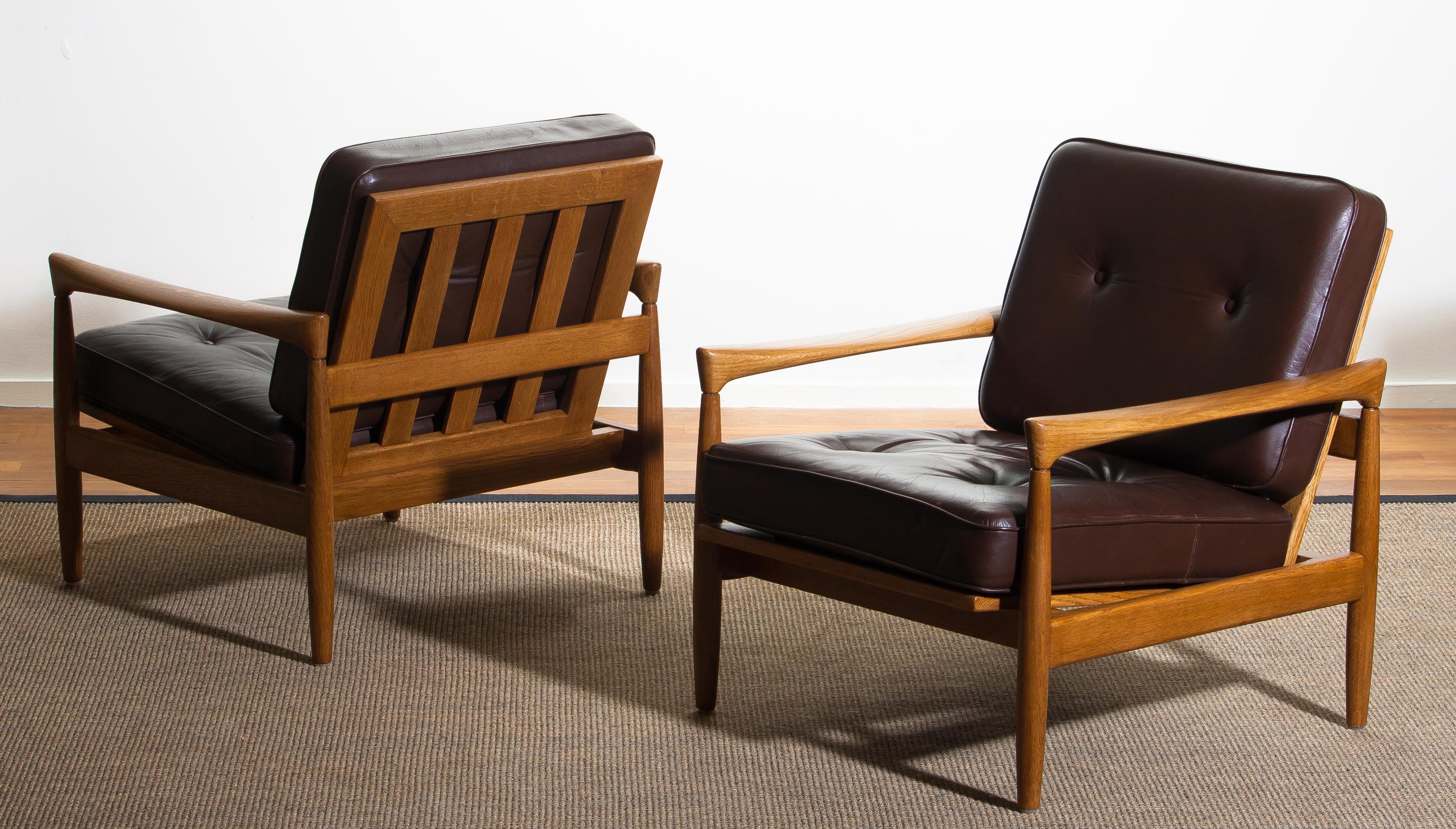 Mid-Century Modern 1960s, Set of Two Oak and Brown Leather Easy or Lounge Chairs by Erik Wörtz