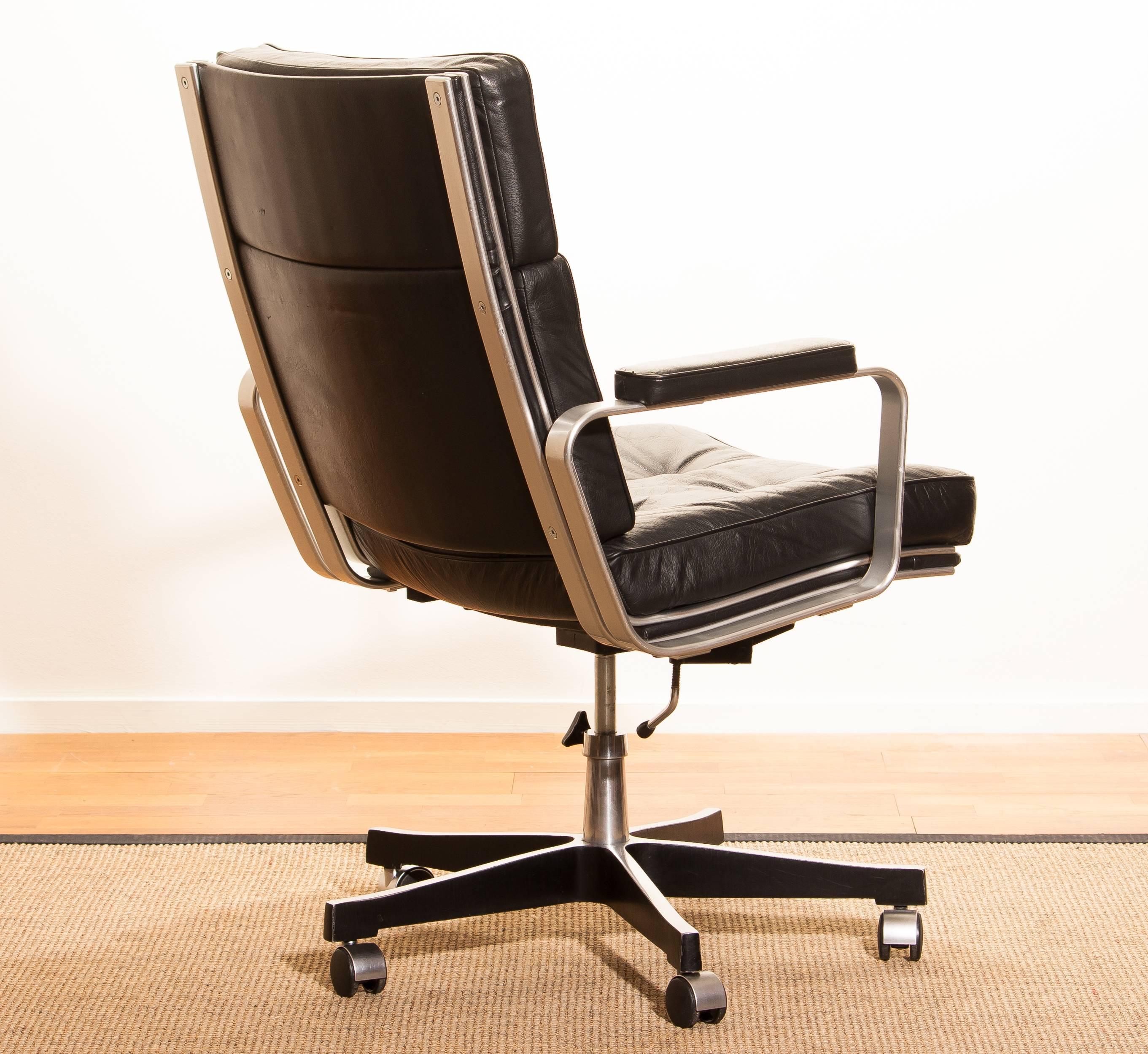 Aluminum 1970s, Black Leather and Aluminium Desk Chair by Karl Erik Ekselius for Joc