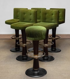 1970s Set of Six High Quality Heavy Brass and Wooden German Bar / Yacht Stools