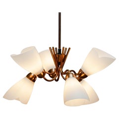 Swedish Red Copper Chandelier with Opal Glass Shades, 1950s