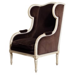 19th century French Louis-style Wingback Armchair in Brown Velvet