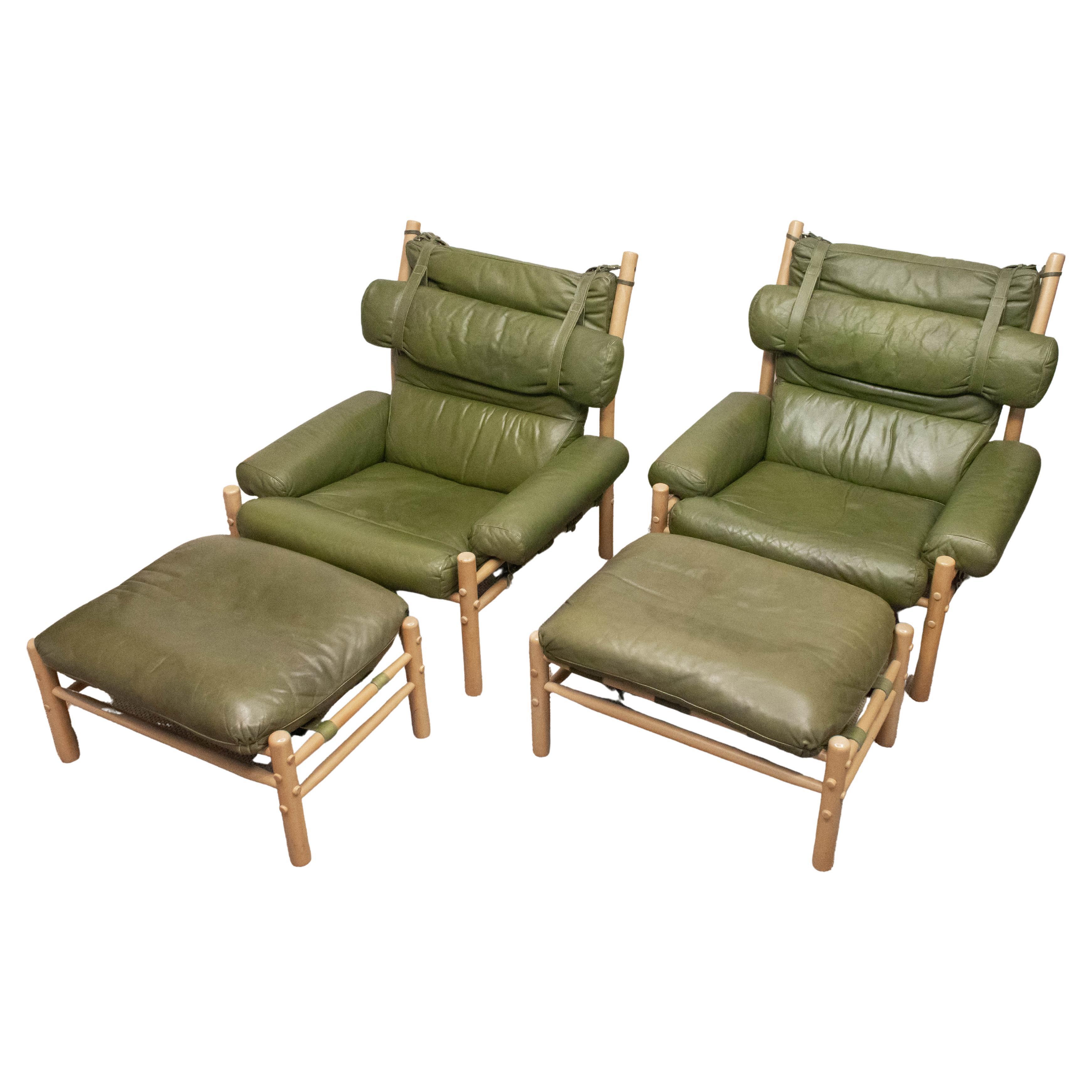 Pair 1970s Green Leather 'Inca' Lounge Chairs With Ottoman By Arne Norell AB For Sale