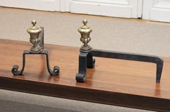 1920s Pair Wrought Iron Andirons / Fire Dogs With Brass Urns Made In France.