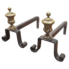 1920s Pair Wrought Iron Andirons / Fire Dogs With Brass Urns Made In France.