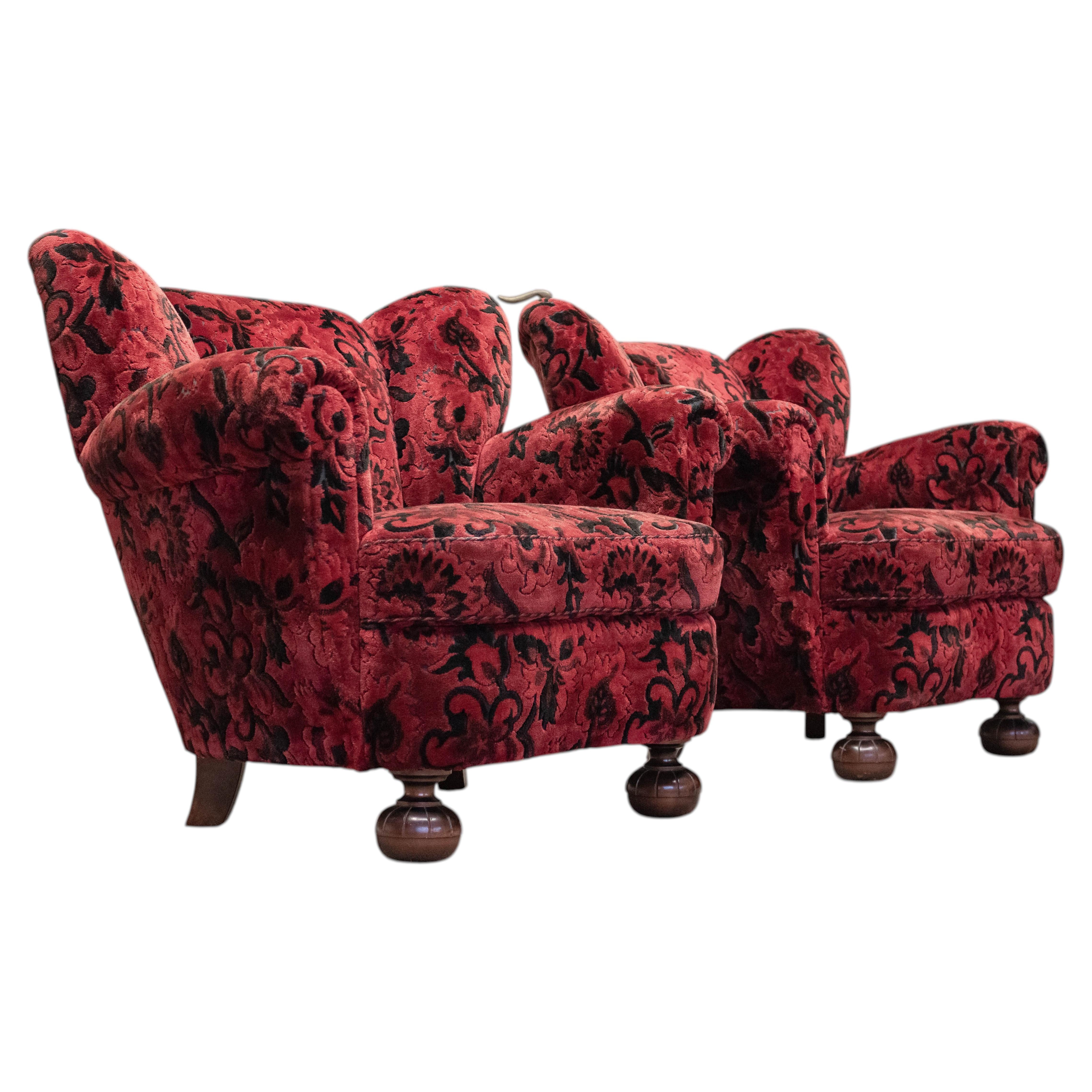 Pair of Art Deco / Swedish Grace Lounge Chairs in Red Jacquard Velvet, 1930s