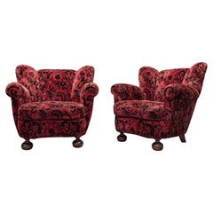 Pair of Art Deco / Swedish Grace Lounge Chairs in Red Jacquard Velvet, 1930s