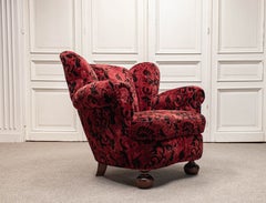 Art Deco / Swedish Grace Lounge Chair in Red Jacquard Velvet, 1930s