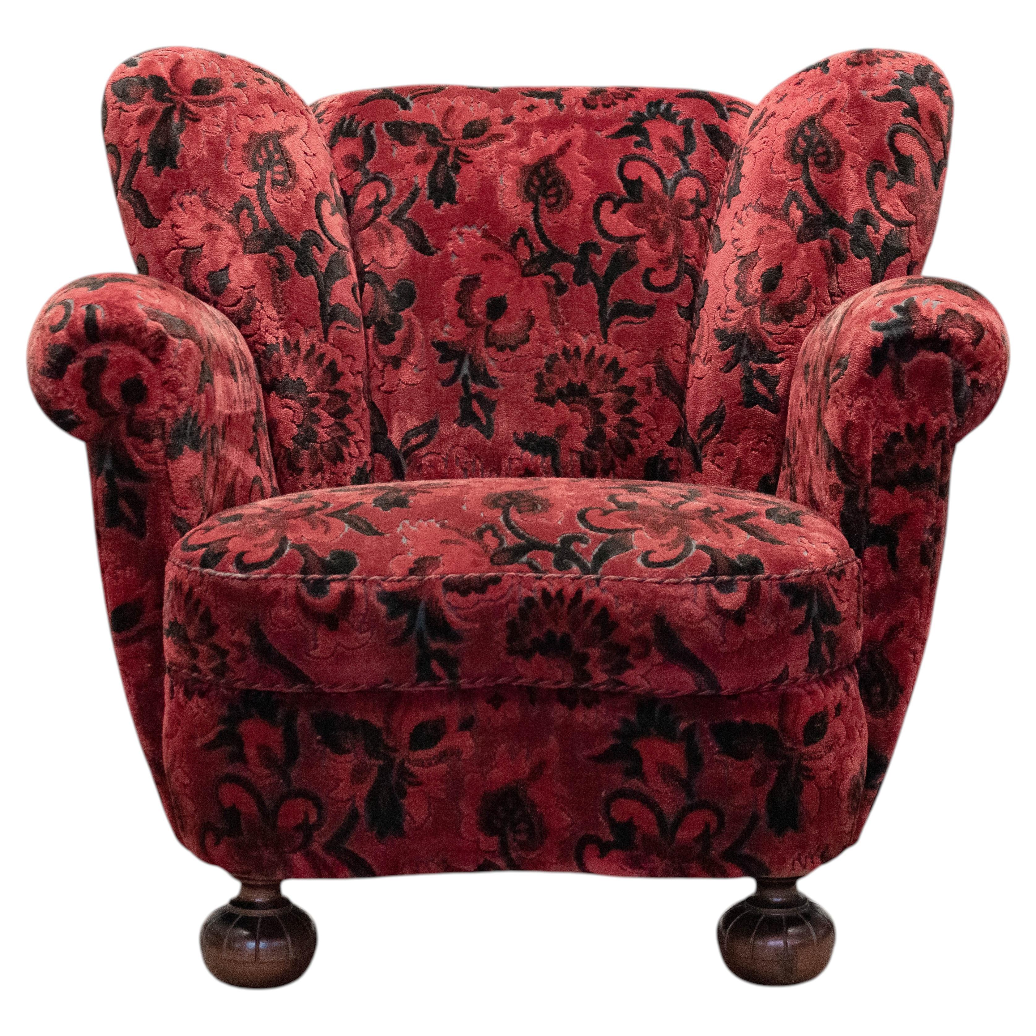 Art Deco / Swedish Grace Lounge Chair in Red Jacquard Velvet, 1930s