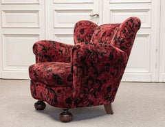 Art Deco / Swedish Grace Lounge Chair in Red Jacquard Velvet, 1930s
