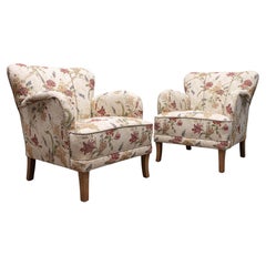 Pair of Swedish Grace / Art Nouveau Lounge Chairs in Floral Jacquard, 1940s