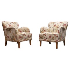 Pair of Swedish Grace / Art Nouveau Lounge Chairs in Floral Jacquard, 1940s