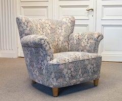 Bombastic Wingback Chair Upholstered With Jacquard Fabric From Denmark. 1940s