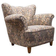 Bombastic Wingback Chair Upholstered With Jacquard Fabric From Denmark. 1940s