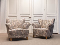 Pair 1940s Bombastic Danish Wingback Chairs Upholstered With Jacquard Fabric