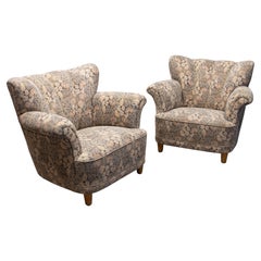 Pair 1940s Bombastic Danish Wingback Chairs Upholstered With Jacquard Fabric