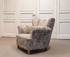 Bombastic Wingback Chair Upholstered With Jacquard Fabric From Denmark. 1940s