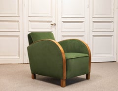 For RoseMarie - Green Velvet Lounge Chair with Wooden Arm Overlays, Sweden 1930s