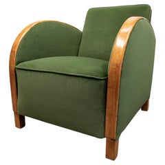 For RoseMarie - Green Velvet Lounge Chair with Wooden Arm Overlays, Sweden 1930s