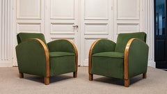 For RoseMarie - Green Velvet Lounge Chairs with Wooden Arm Overlays, Sweden 1930