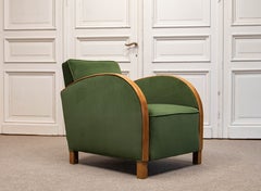 For RoseMarie - Green Velvet Lounge Chair with Wooden Arm Overlays, Sweden 1930s