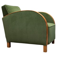 For RoseMarie - Green Velvet Lounge Chair with Wooden Arm Overlays, Sweden 1930s