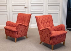 1940s Pair Swedish Modern Lounge Chairs in Four-Leaf- Clover Chenille and Beech