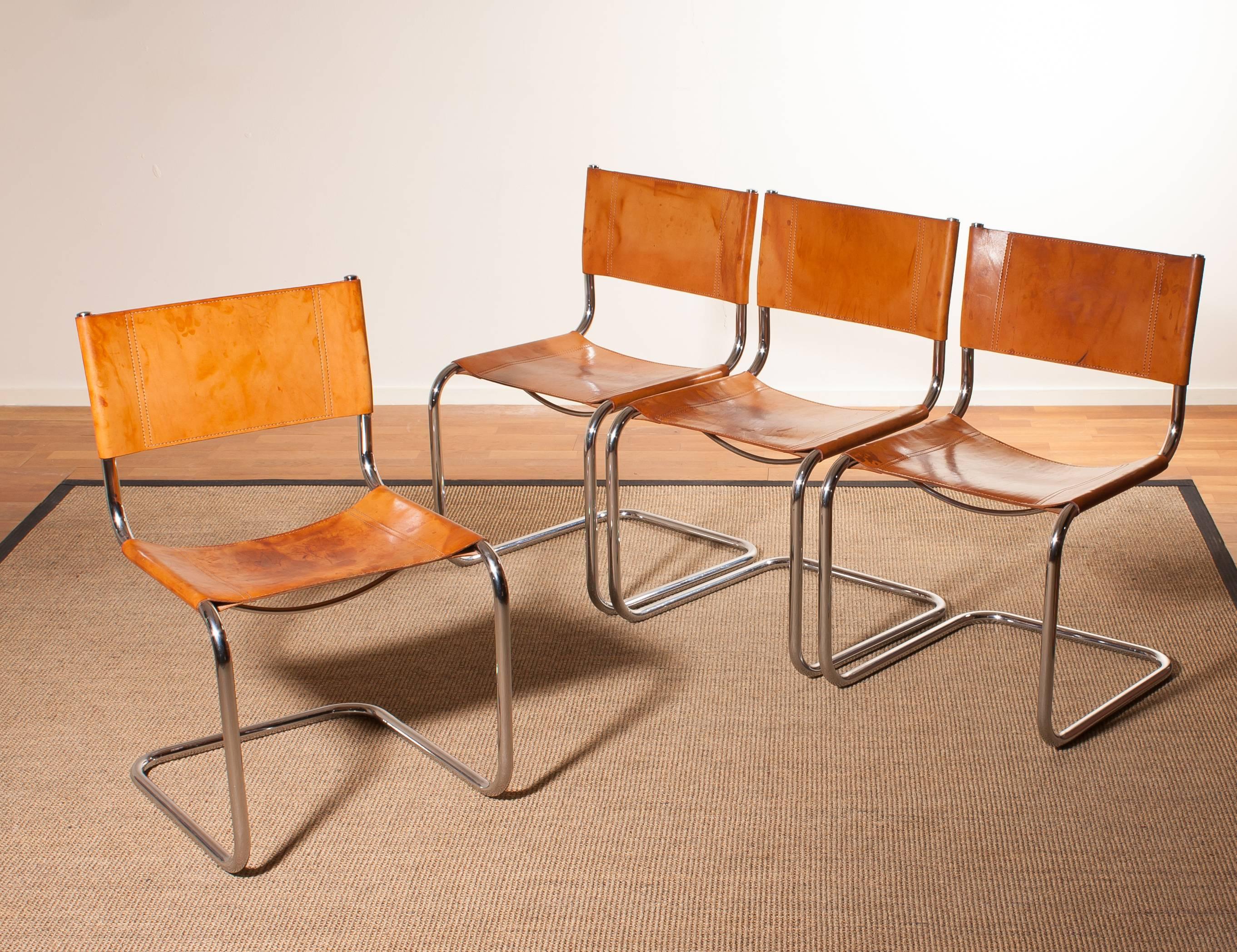 1970s, Set of Four Saddle Leather Dining Chairs by Mart Stam for Fasem In Excellent Condition In Silvolde, Gelderland