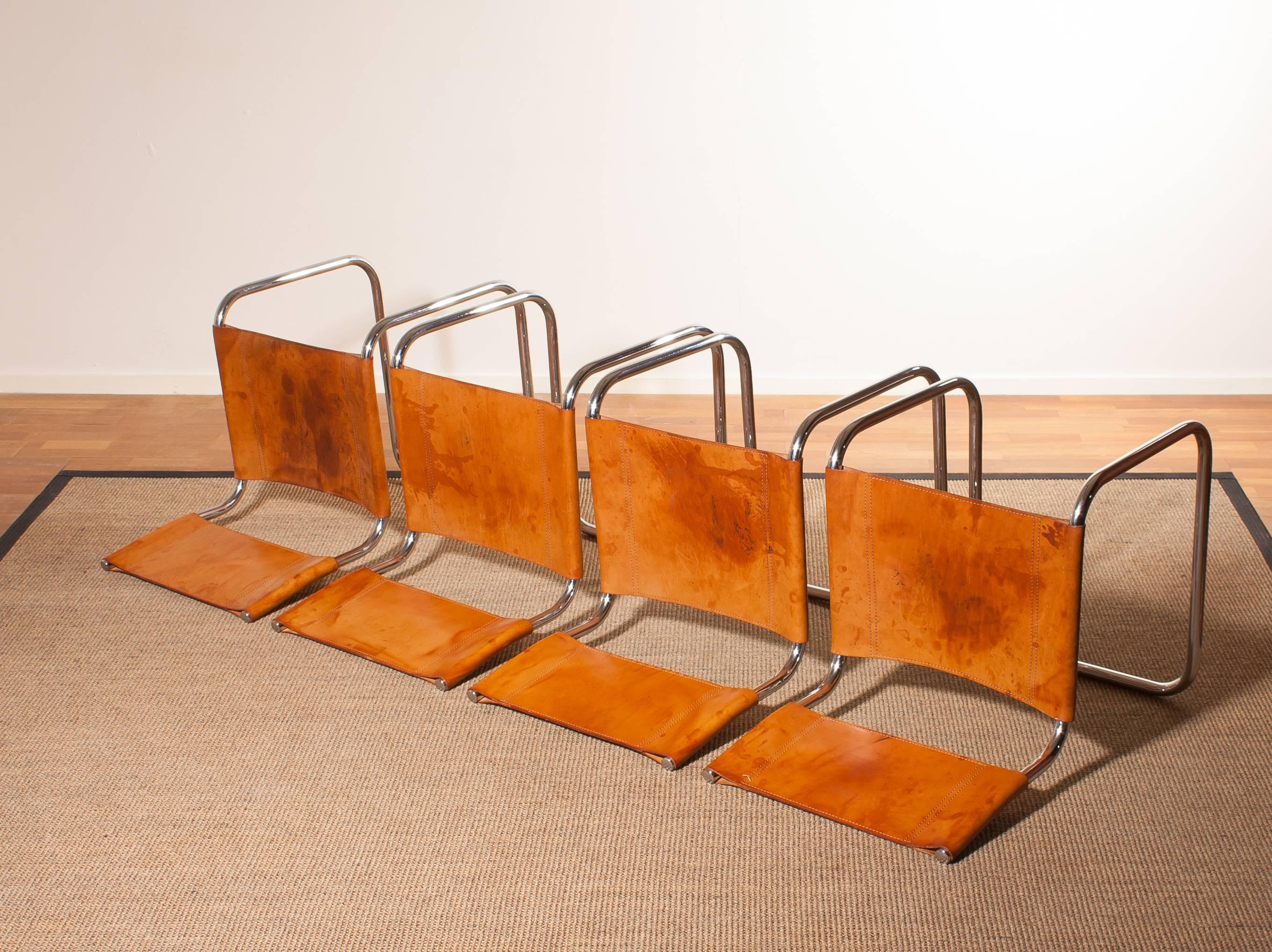 Late 20th Century 1970s, Set of Four Saddle Leather Dining Chairs by Mart Stam for Fasem