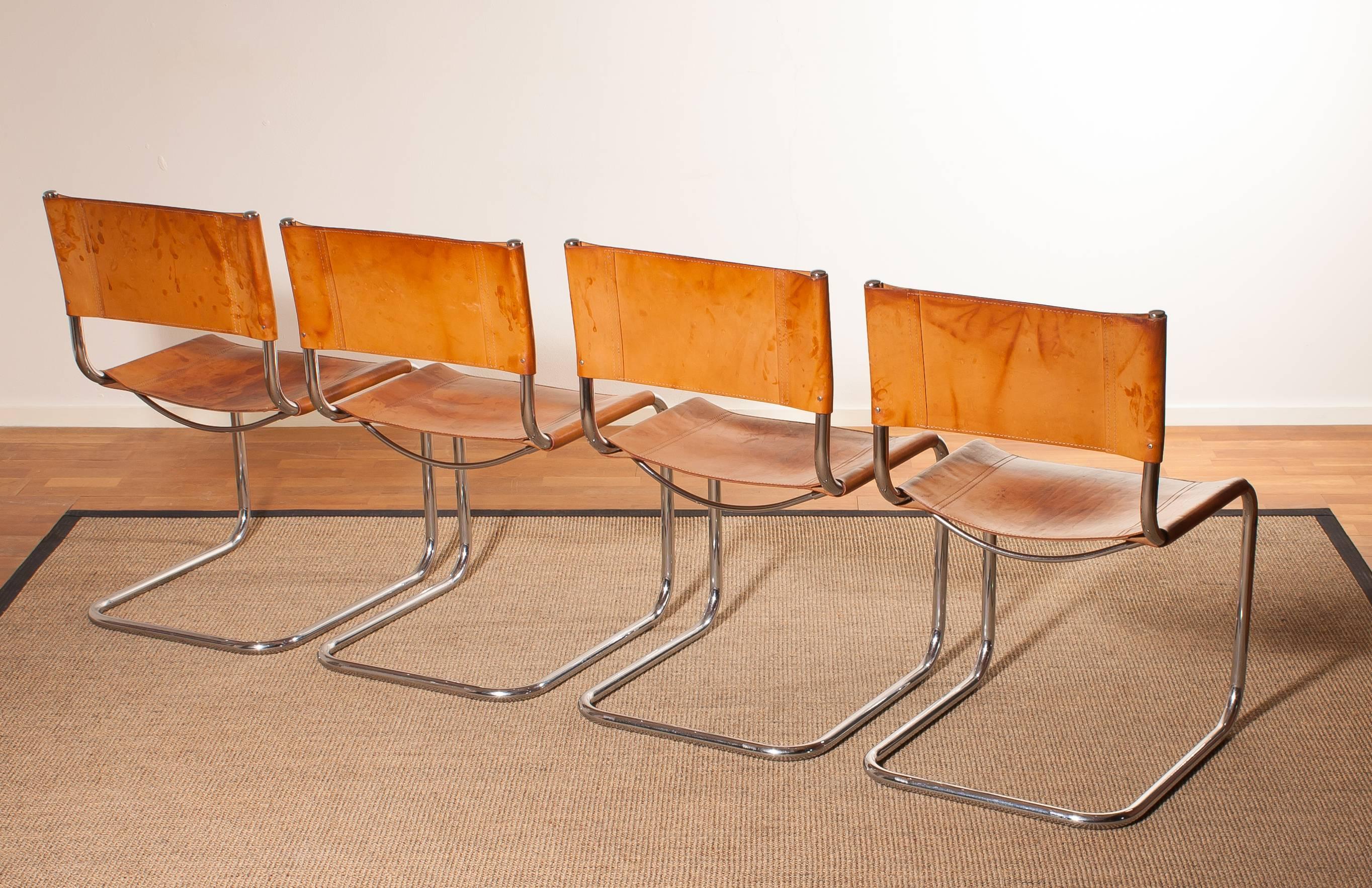 Steel 1970s, Set of Four Saddle Leather Dining Chairs by Mart Stam for Fasem